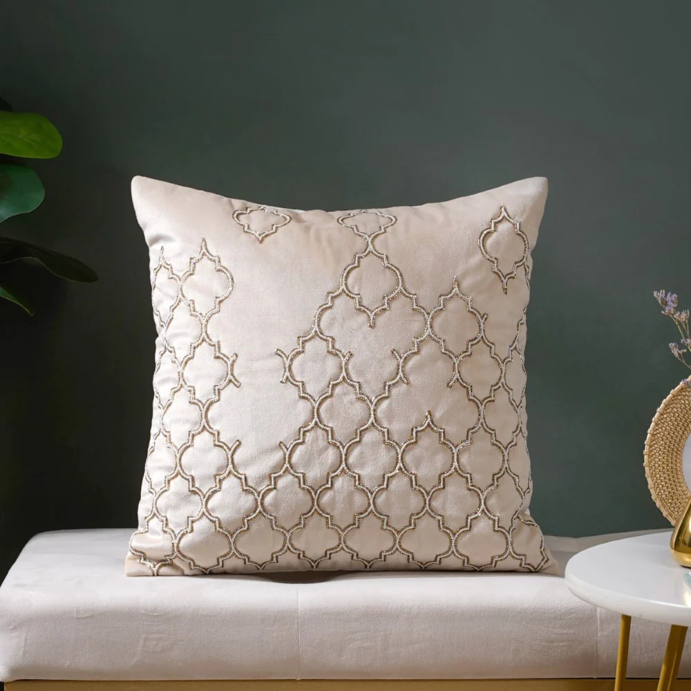 Jaal Karigari Traditional Velvet Cushion Cover Beige 16 x 16 Inch - Image 6