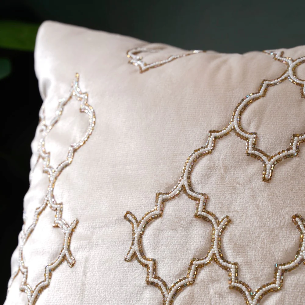 Jaal Karigari Traditional Velvet Cushion Cover Beige 16 x 16 Inch - Image 9