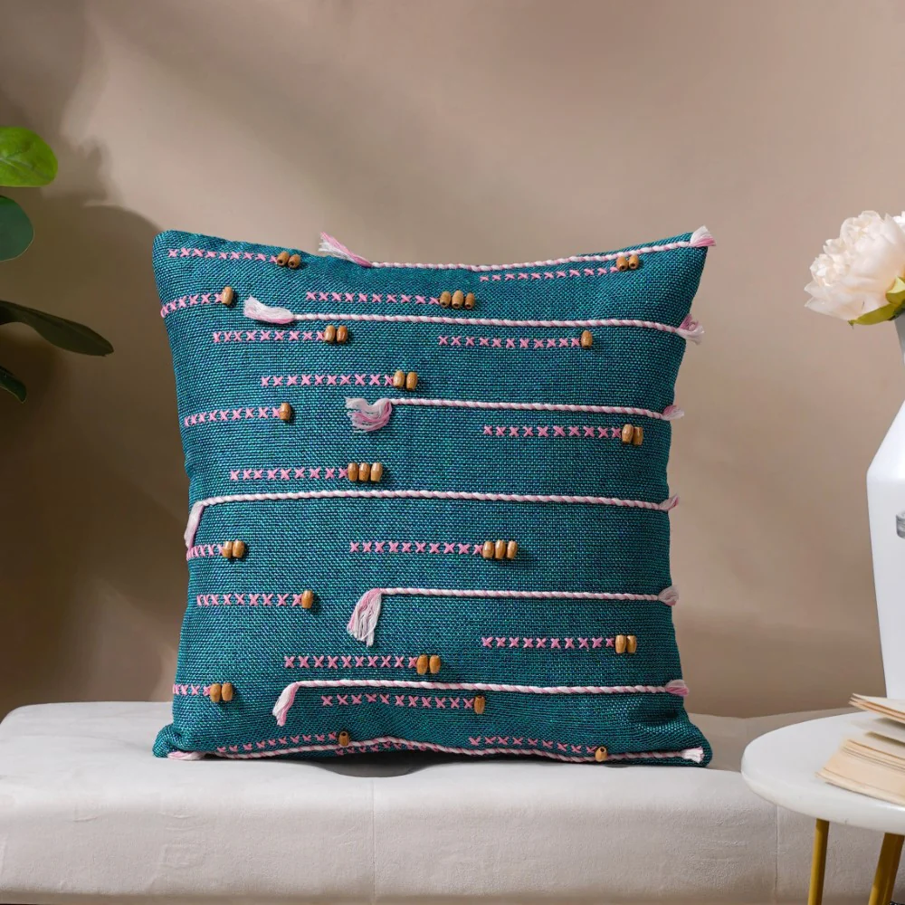 Jade Threadwork Beaded Jute Cushion Cover Green 16 x 16 Inch - Image 4