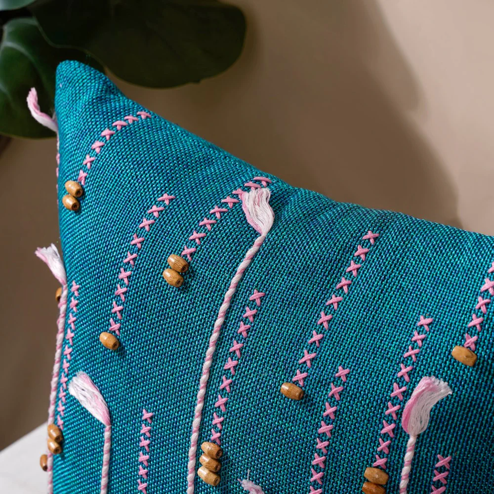 Jade Threadwork Beaded Jute Cushion Cover Green 16 x 16 Inch - Image 8