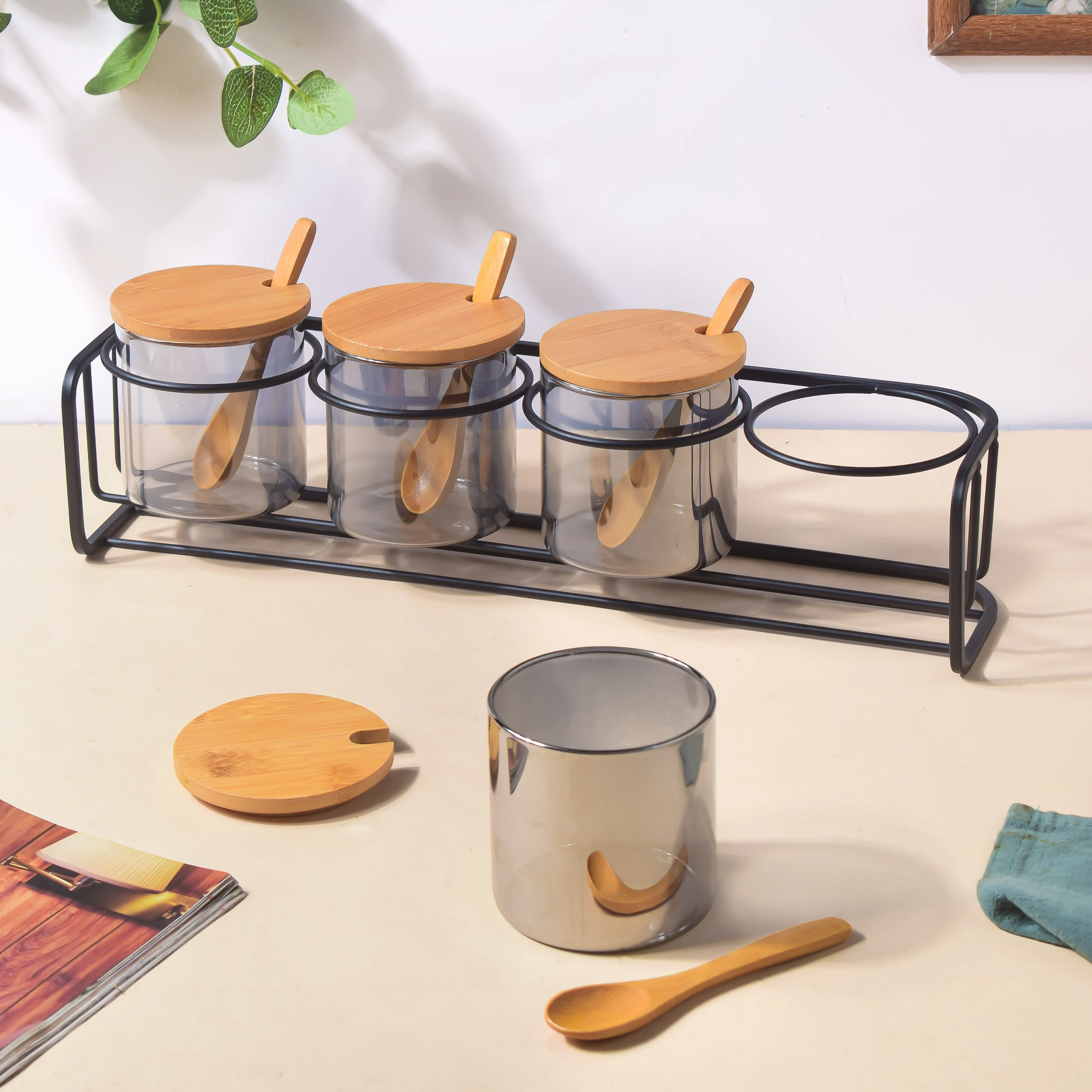 Jars With Lid And Spoon Set Of 9 Ash Grey 300ml - Image 4