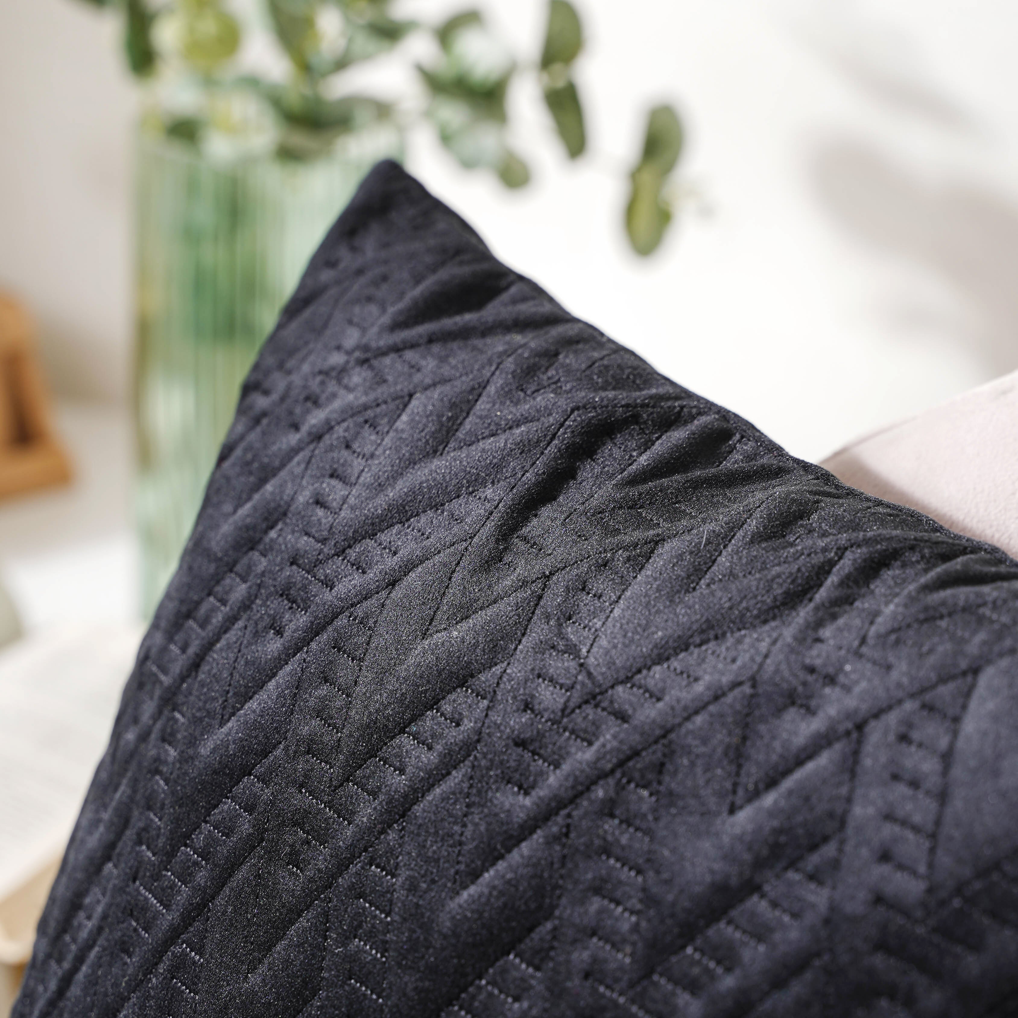 Jet Black Abstract Quilted Velvet Cushion Cover 16 inch - Image 2