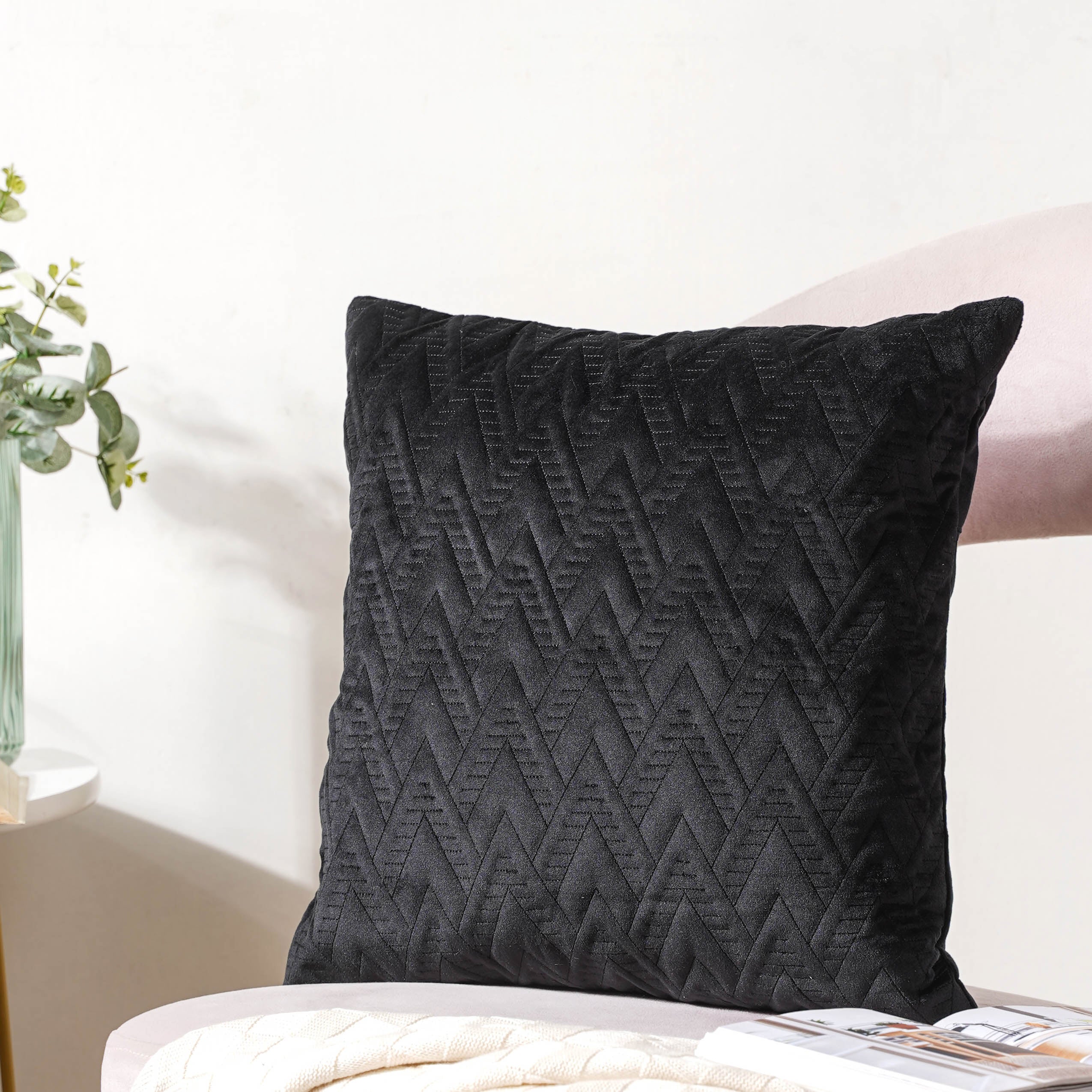 Jet Black Abstract Quilted Velvet Cushion Cover 16 inch - Image 3