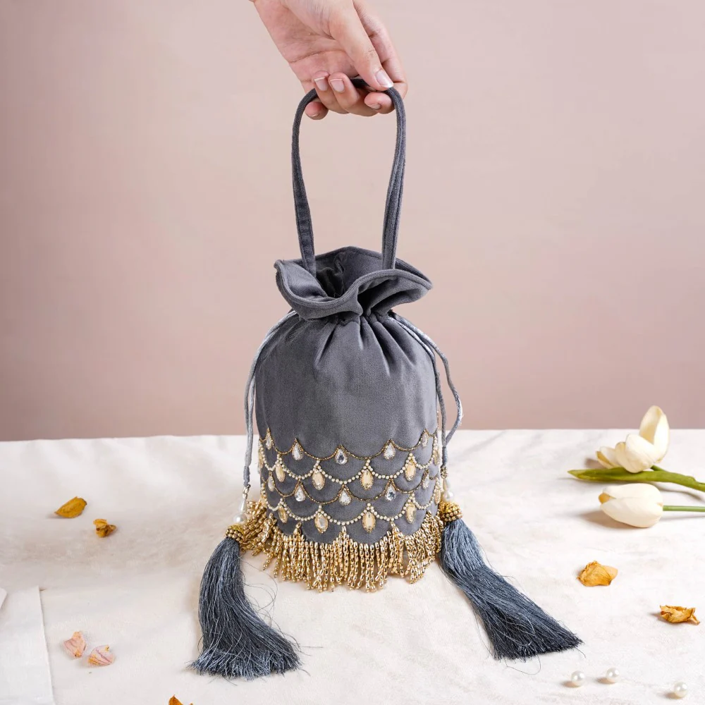 Jhoomar Velvet Potli Bag Dark Grey - Image 4