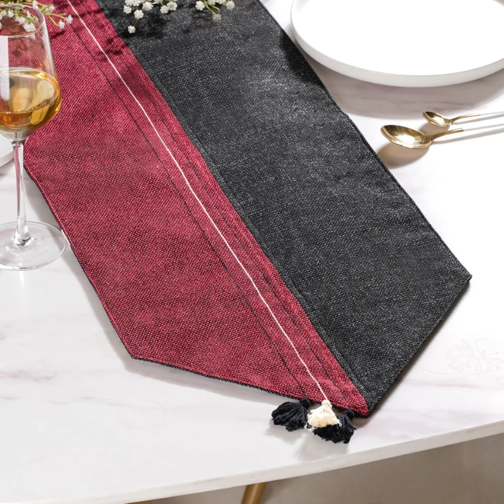Jute Dining Table Runner Black Maroon 72 Inch