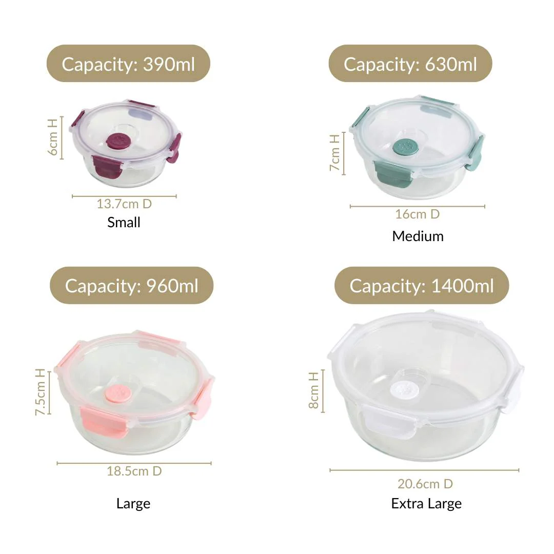 Kaleido Round Stackable Food Containers With Air Vents Set Of 4 390ml 630ml 960ml 1400ml - Image 4