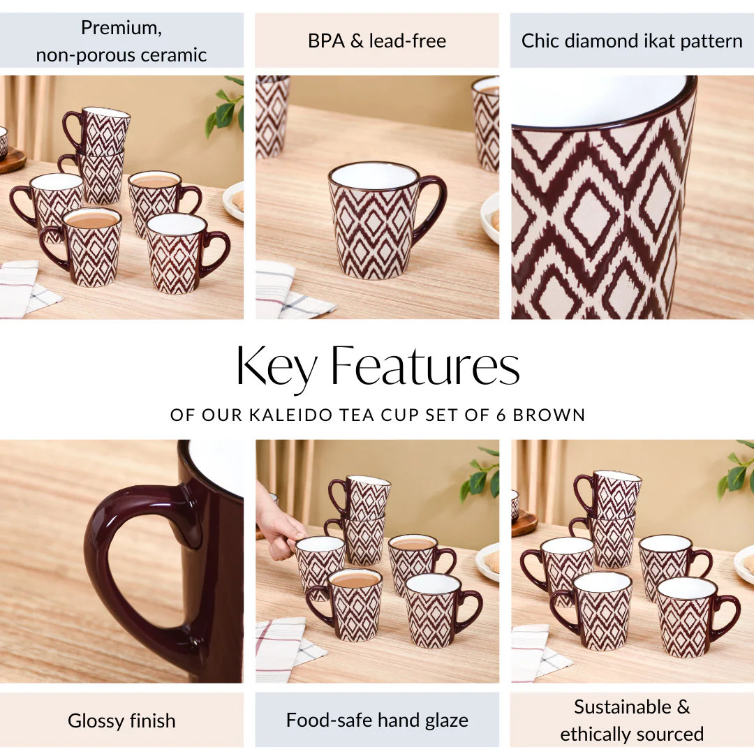 Kaleido Ceramic Tea Cup Set Of 6 Brown 250ml - Image 5