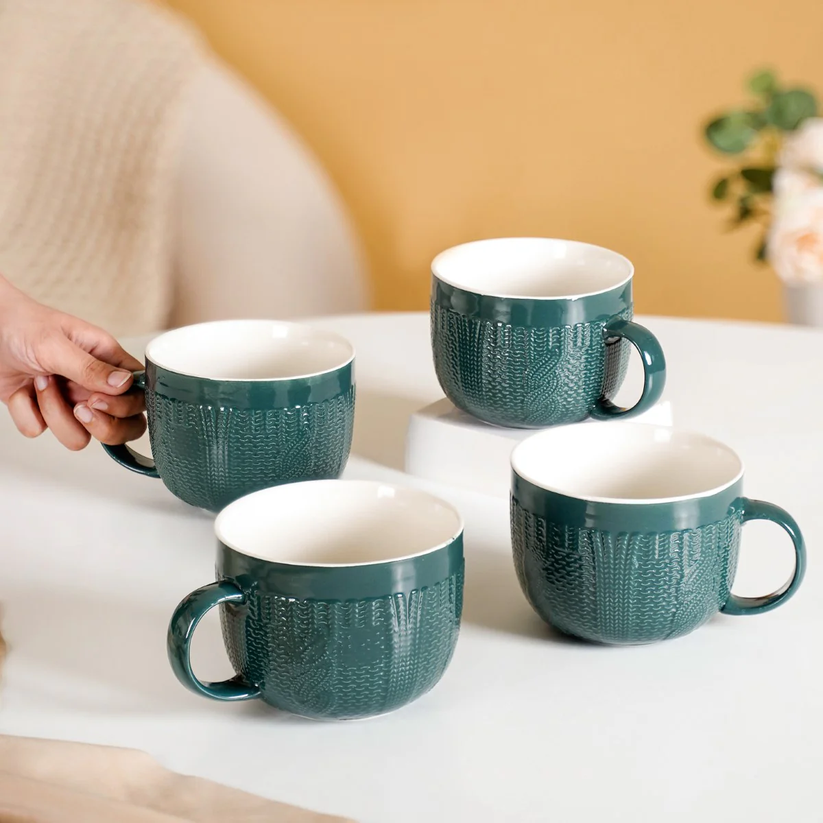 Knitted Texture Green Cappuccino Cup Set of 4 Large 490ml - Image 2