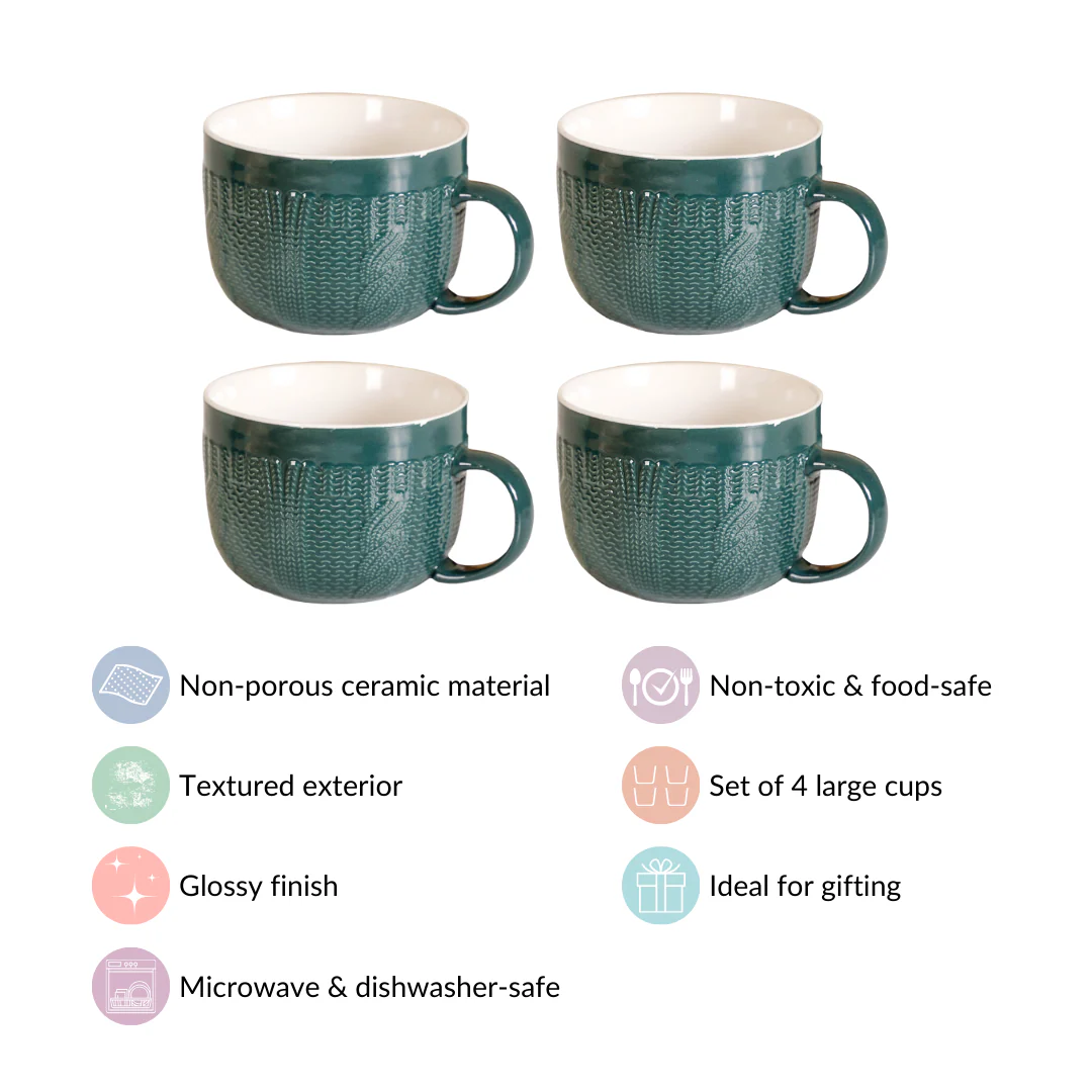 Knitted Texture Green Cappuccino Cup Set of 4 Large 490ml - Image 4