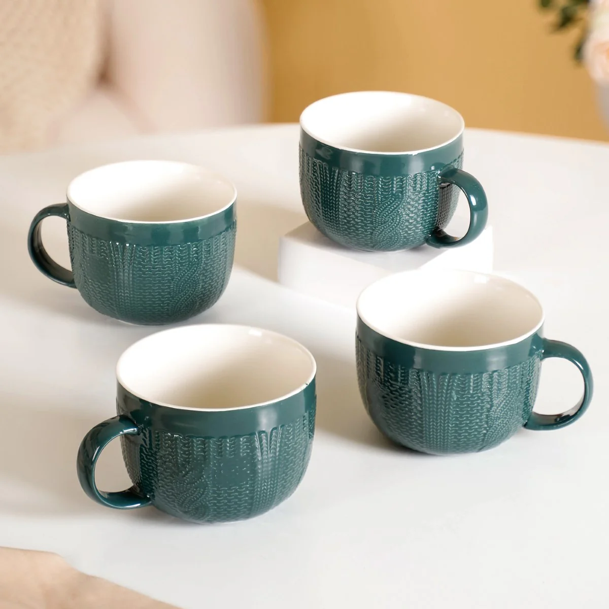 Knitted Texture Green Cappuccino Cup Set of 4 Large 490ml - Image 9
