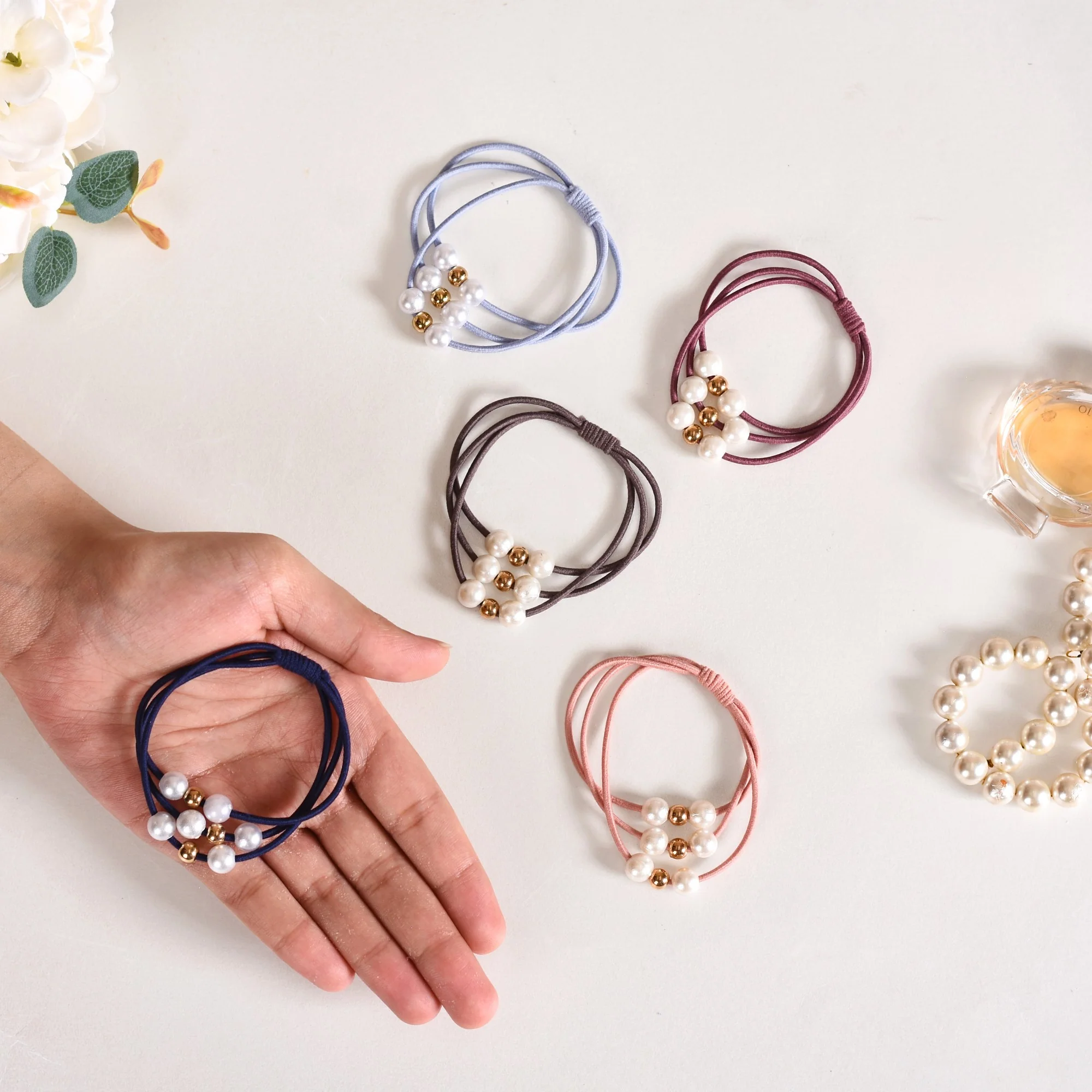 Knotted Faux Pearl Scrunchie Set Of 5 - Image 2
