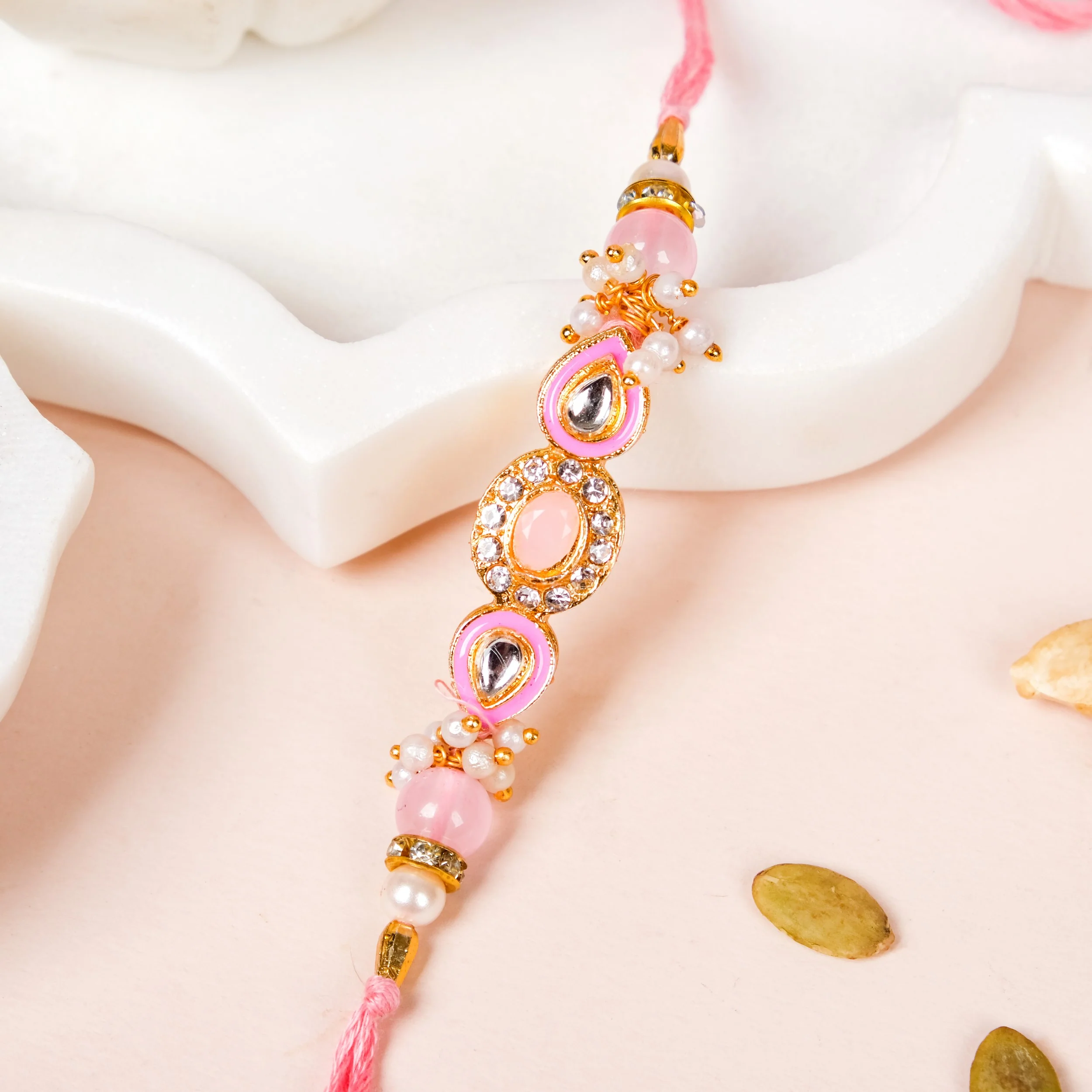 Kundan Stonework Pink Rakhi Hamper For Couple - Image 2