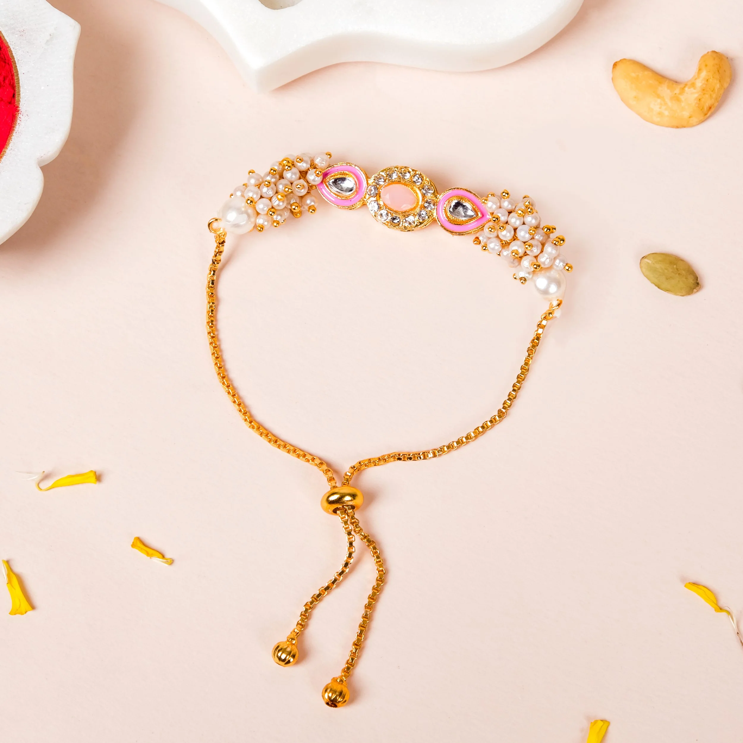Kundan Stonework Pink Rakhi Hamper For Couple - Image 3