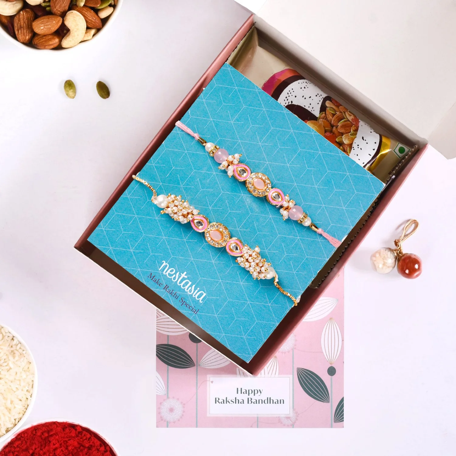 Kundan Stonework Pink Rakhi Hamper For Couple - Image 6
