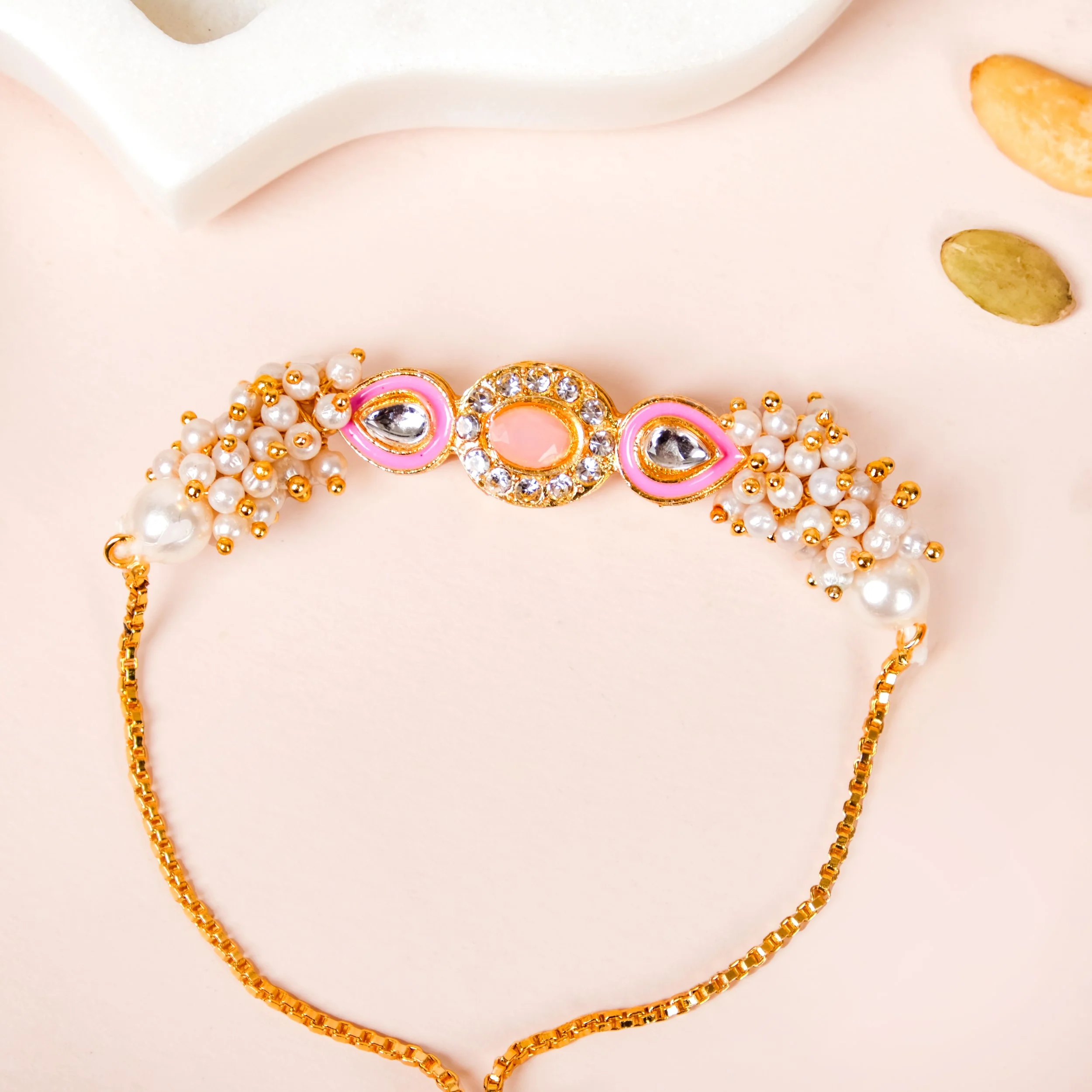 Kundan Stonework Pink Rakhi Hamper For Couple - Image 7
