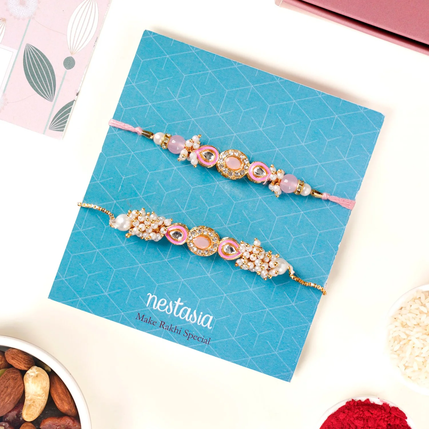 Kundan Stonework Pink Rakhi Hamper For Couple - Image 8