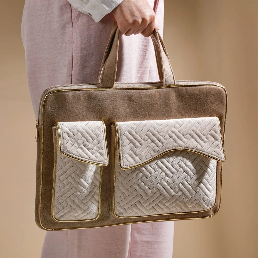 Laptop Bag Luxe Velvet Sleek Beige 14 x 10.5 Inch - Image 12