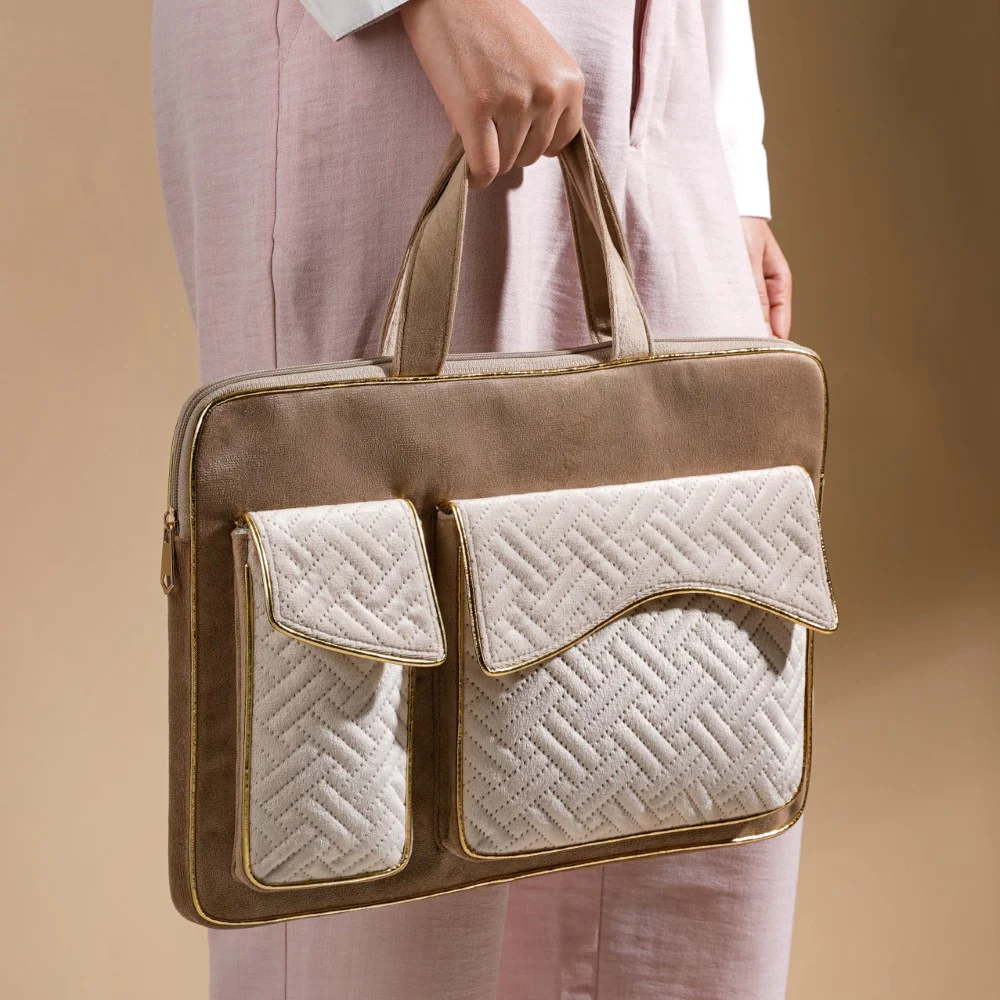 Laptop Bag Luxe Velvet Sleek Beige 14 x 10.5 Inch - Image 2