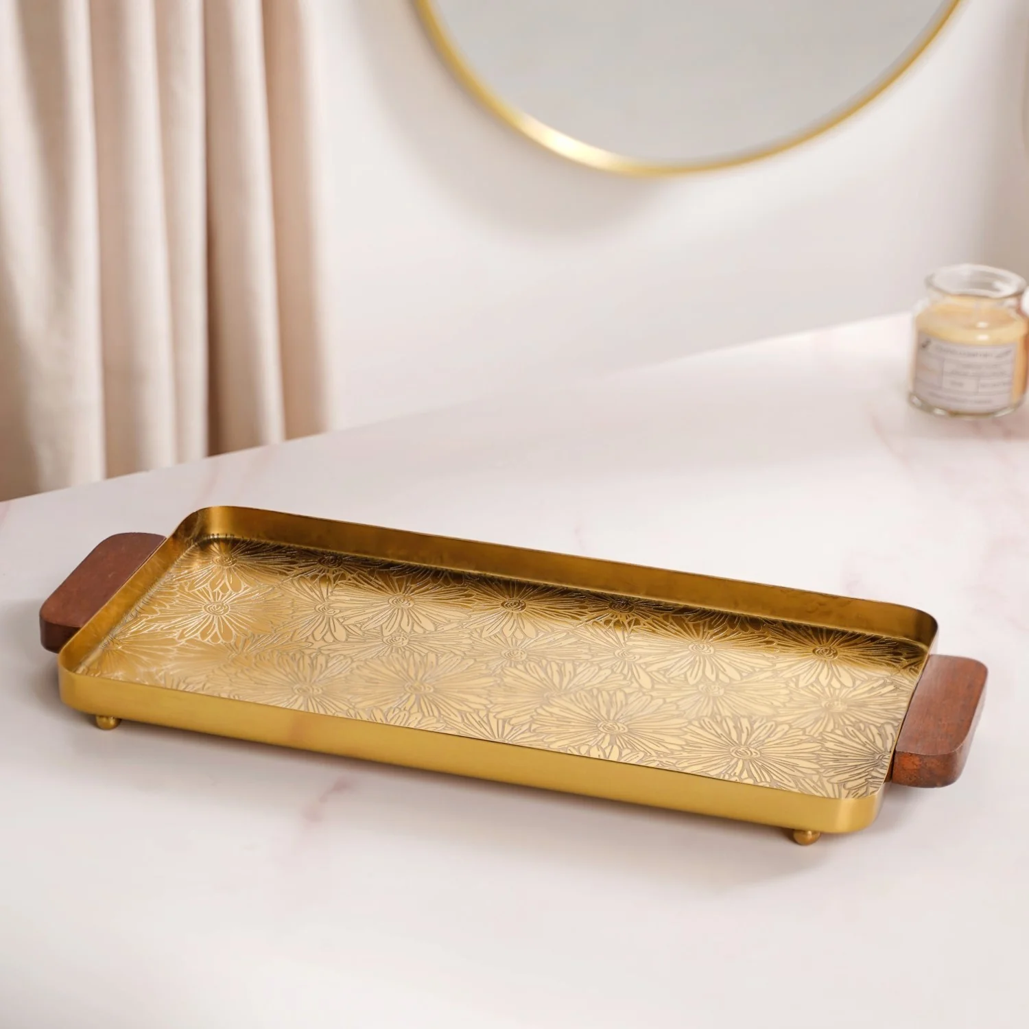 Large Daisy Embossed Metal Tray With Mango Wood Handles - Image 2