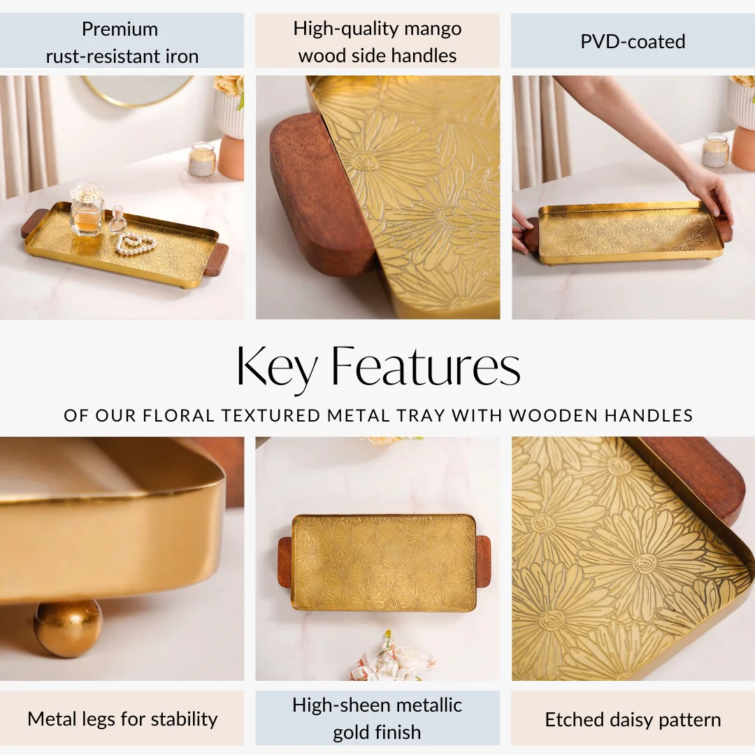 Large Daisy Embossed Metal Tray With Mango Wood Handles - Image 5