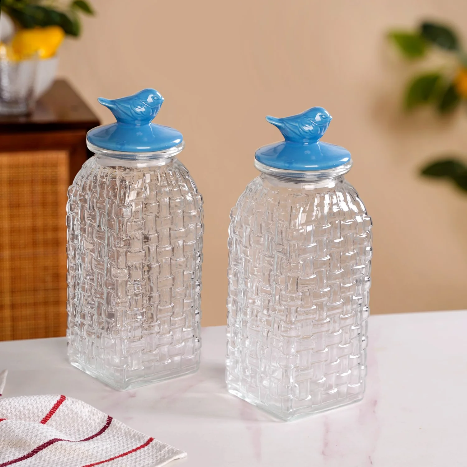 Lattice Glass Storage Container With Blue Bird Lid Set Of 2 2000ml - Image 2