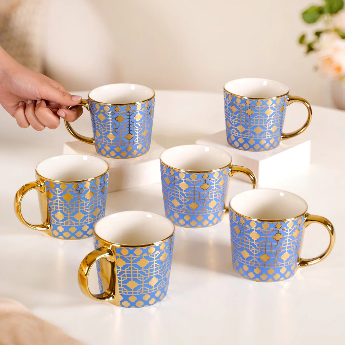 Lavish Gold Teacup Set of 6 Blue 280ml - Image 2