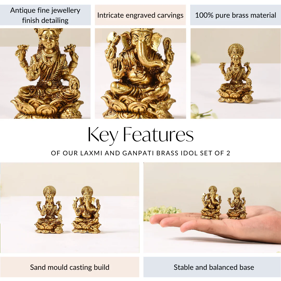 Laxmi And Ganpati Pure Brass Idol Set Of 2 4cm - Image 5