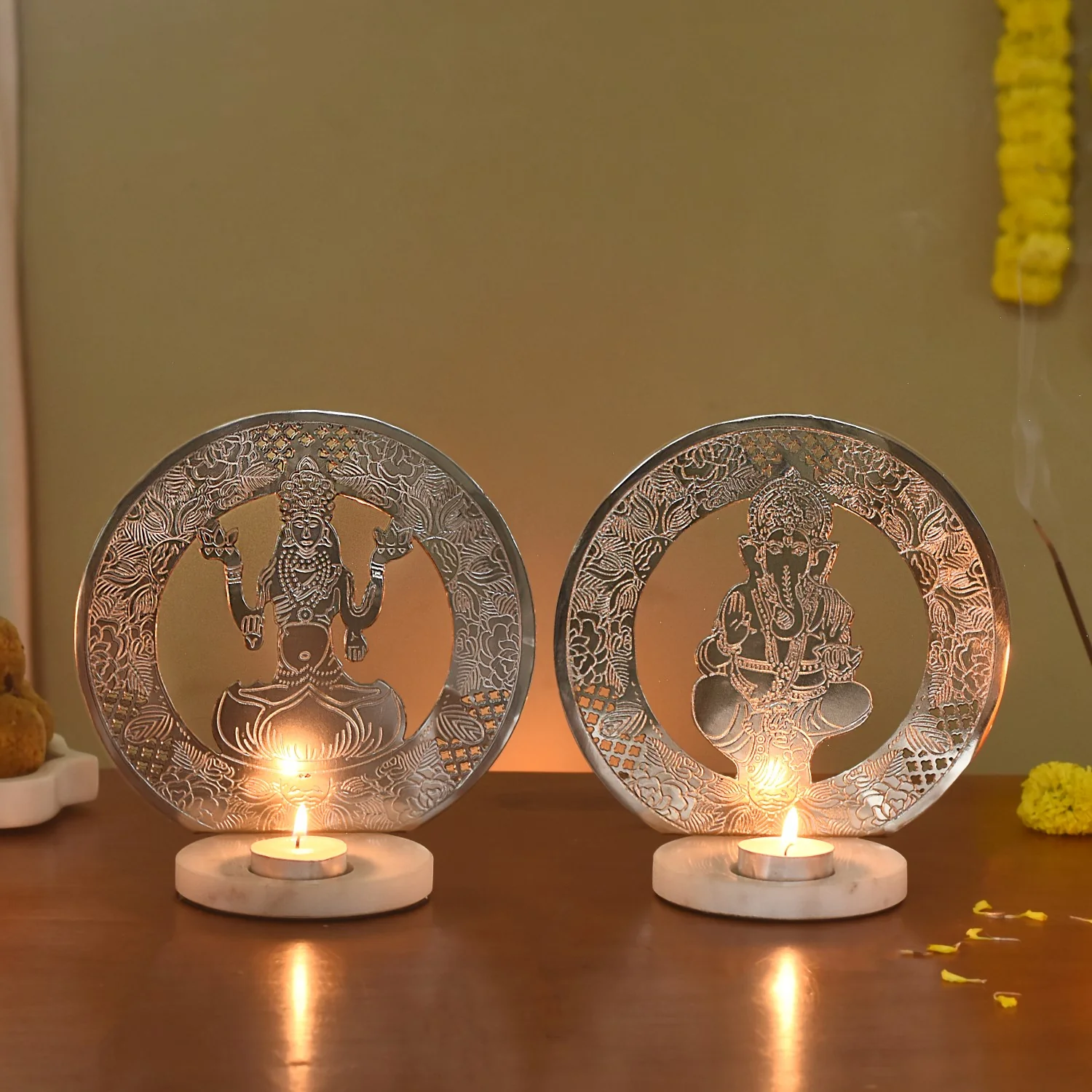 Laxmi Ganesh Metal Tealight Candle Holder Set Of 2 - Image 12