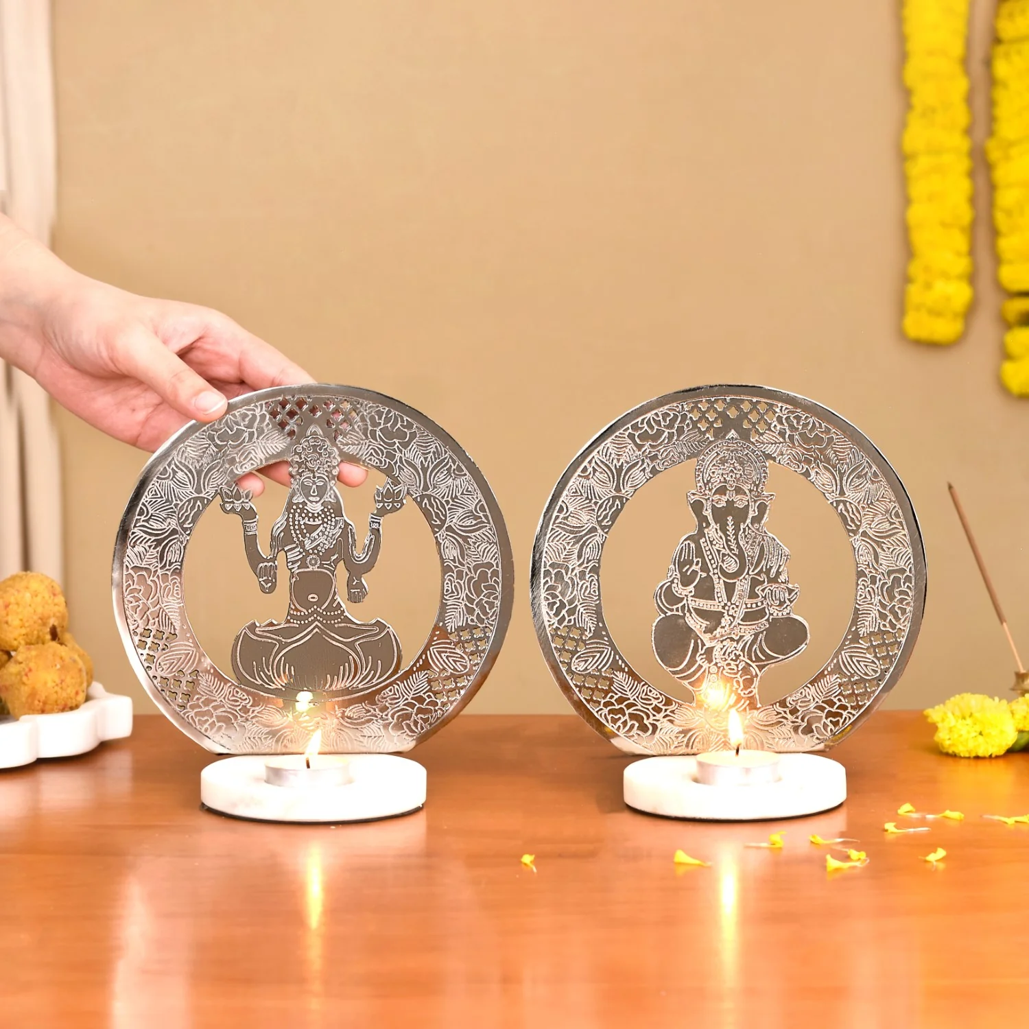 Laxmi Ganesh Metal Tealight Candle Holder Set Of 2 - Image 3