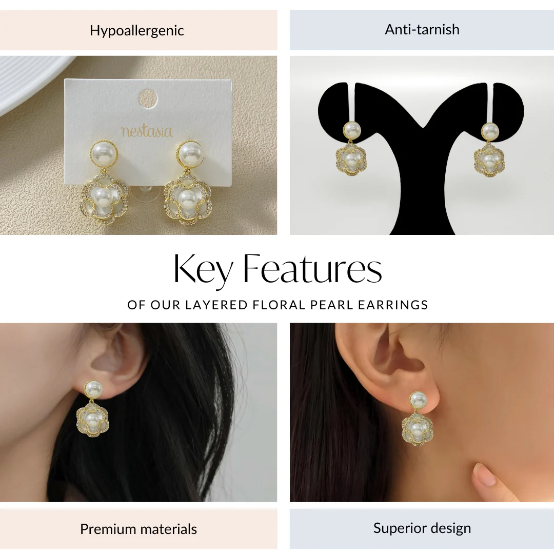 Layered Floral Pearl Earrings - Image 4