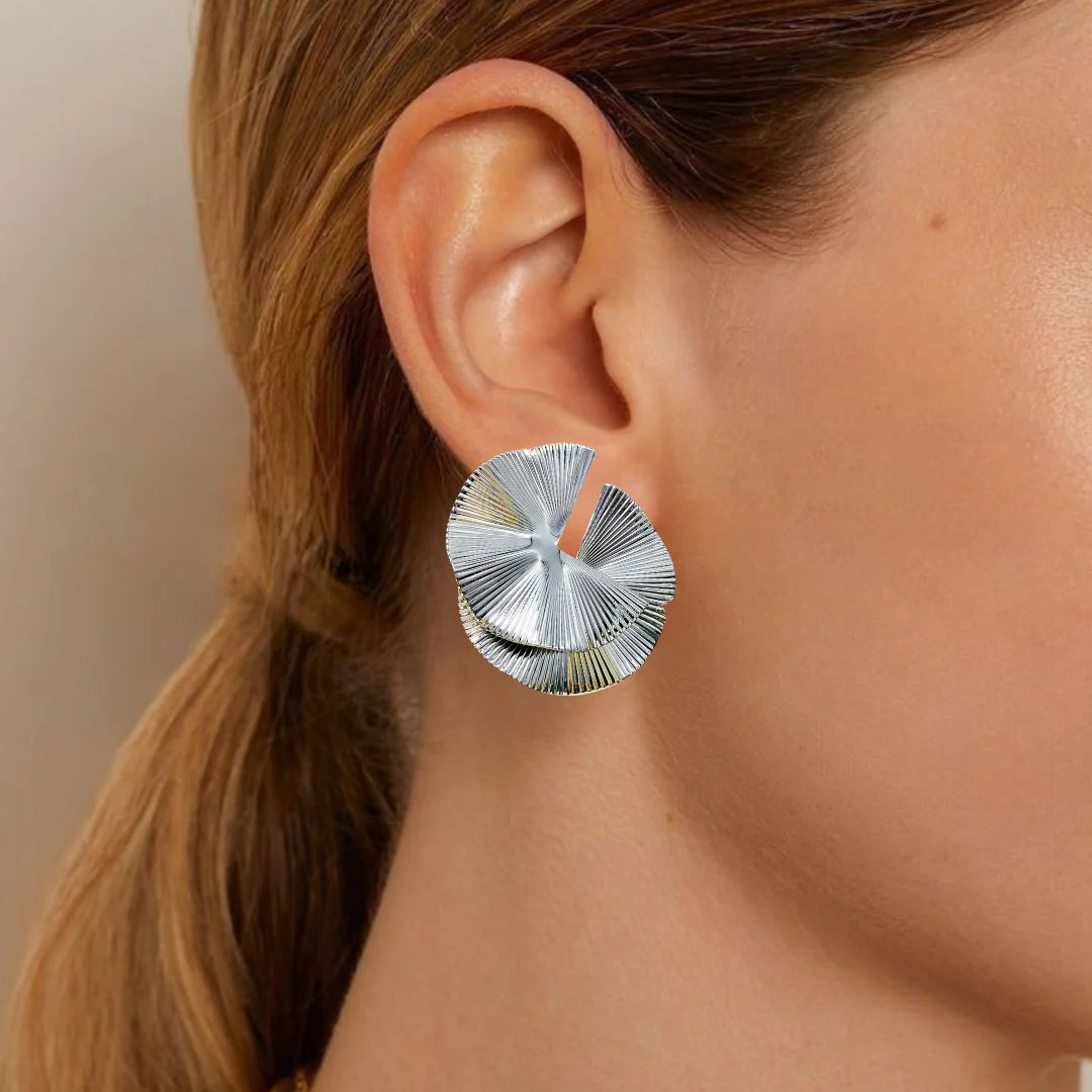 Layered Lily Pads Statement Earrings Silver - Image 2