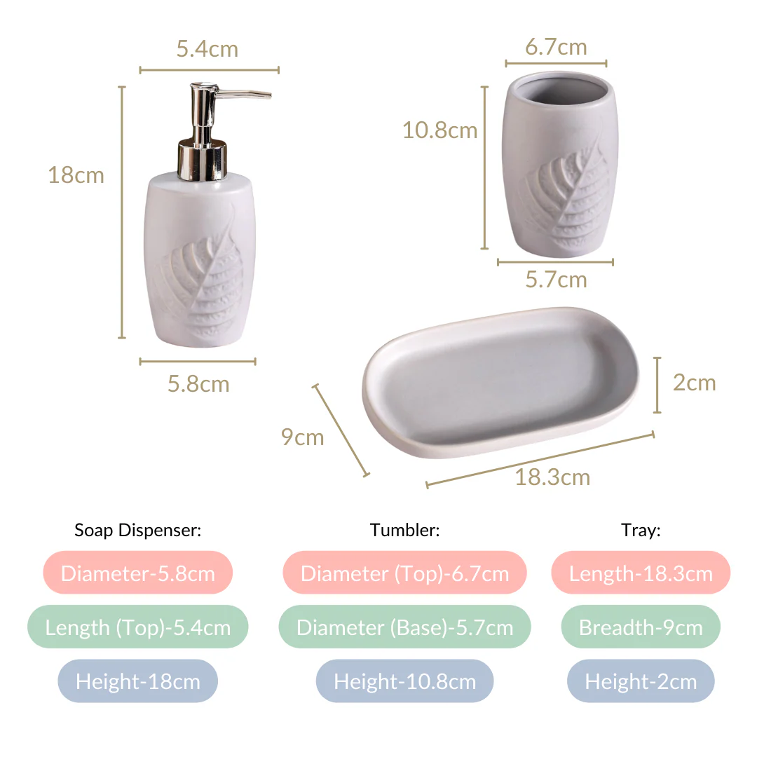 Leaf Ceramic Bathroom Set of 3 With Tray Light Grey - Image 4