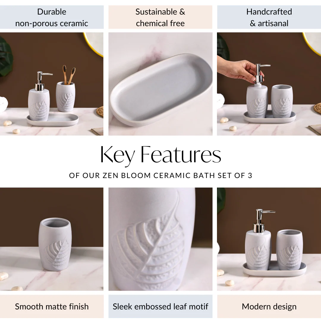 Leaf Ceramic Bathroom Set of 3 With Tray Light Grey - Image 5