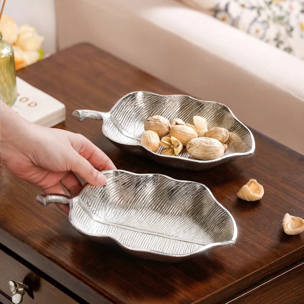 Leaf Metal Platter Silver Set Of 2 - Image 3