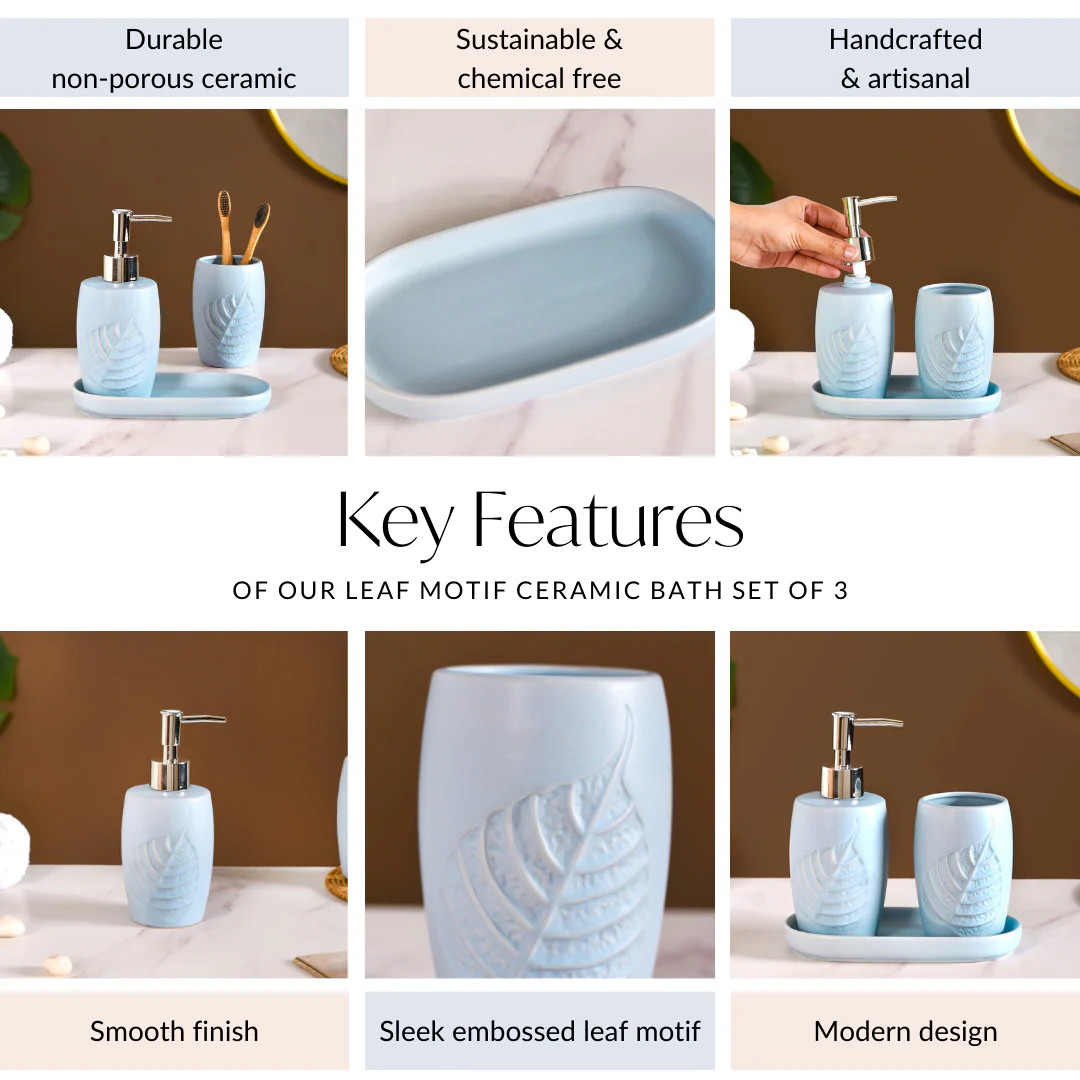 Leaf Emboss Ceramic Bath Set Of 3 With Tray Light Blue - Image 4