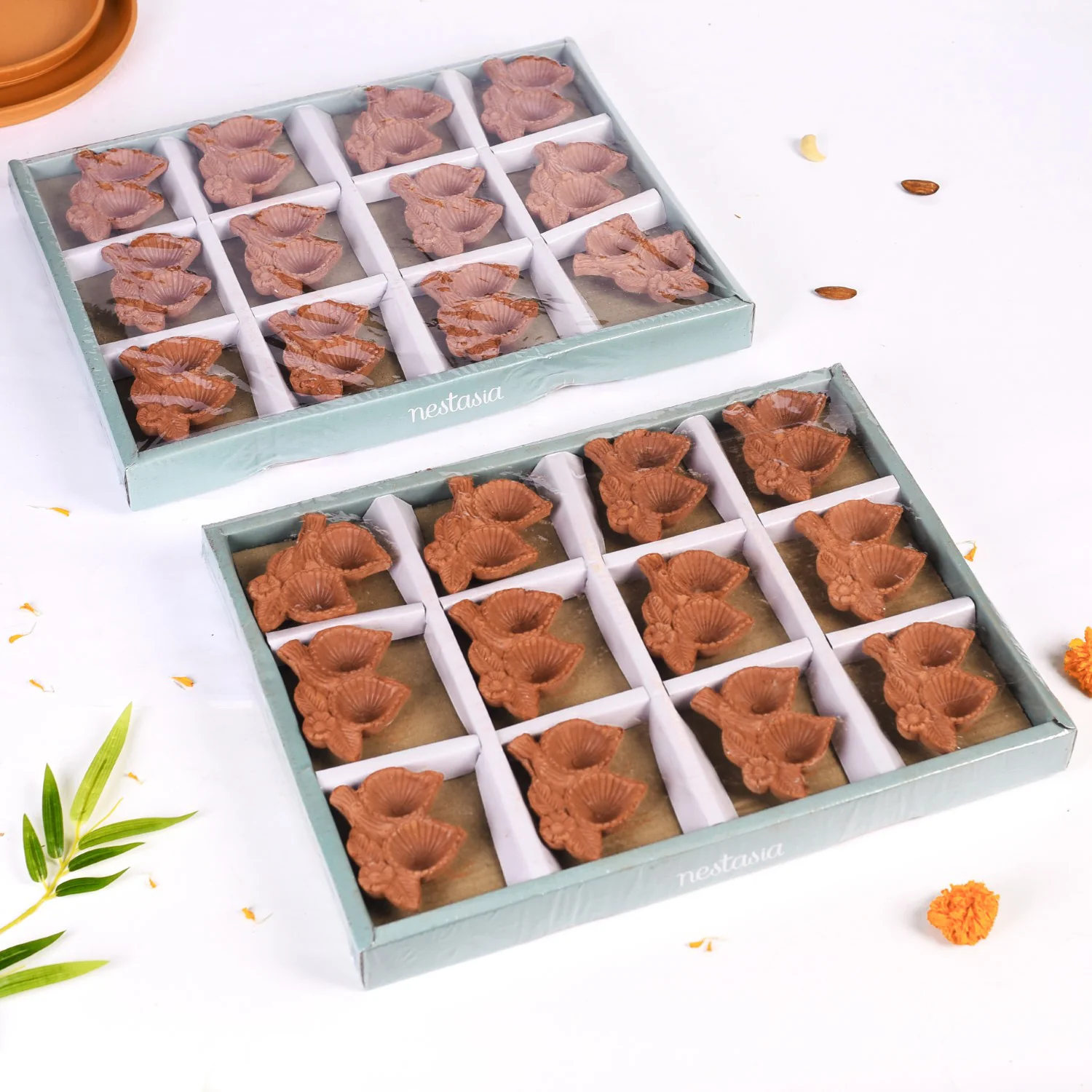 Leaf Shaped Double Slot Terracotta Diwali Diyas Set Of 48 - Image 6