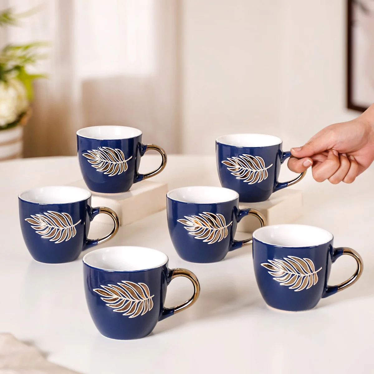 Luxe Leaf Tea Cup Set Of 6 Navy Blue 250ml - Image 2