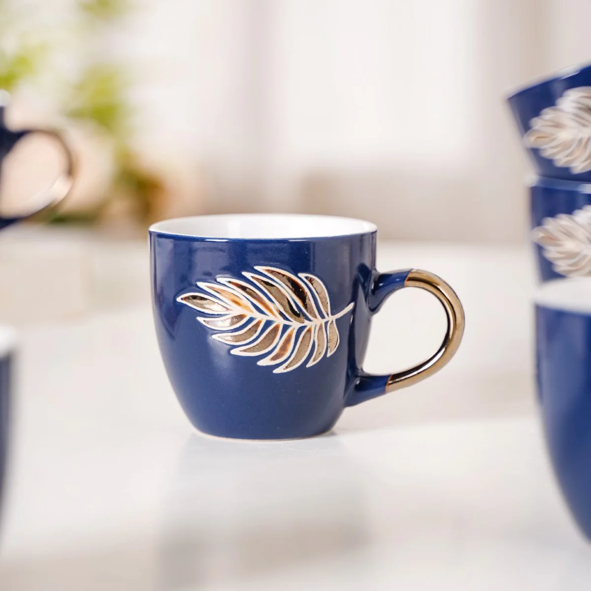 Luxe Leaf Tea Cup Set Of 6 Navy Blue 250ml - Image 3