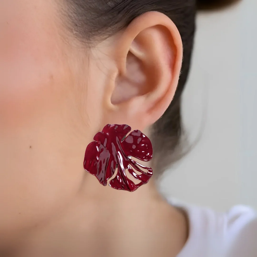 Leaf Textured Maroon Earrings - Image 2