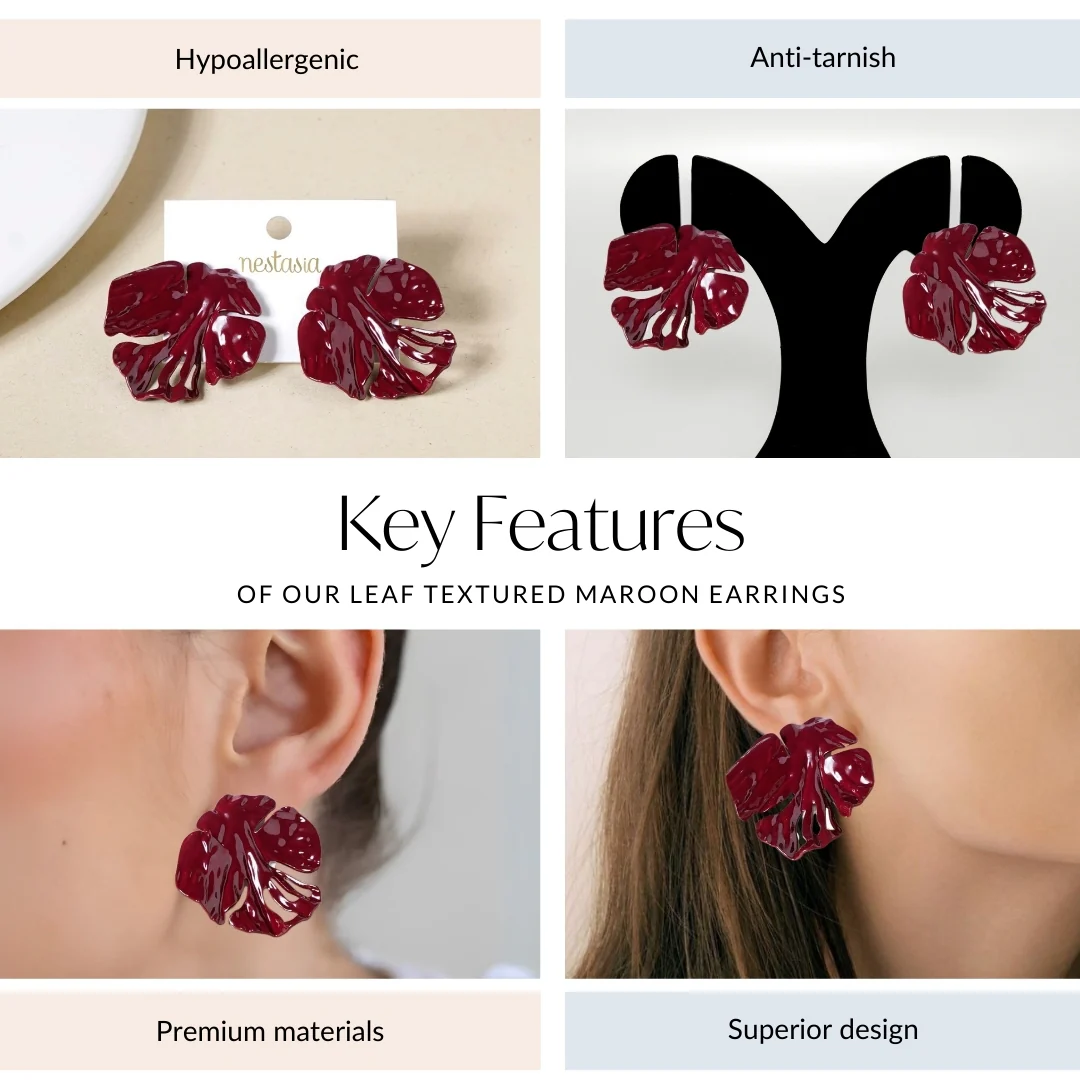 Leaf Textured Maroon Earrings - Image 4