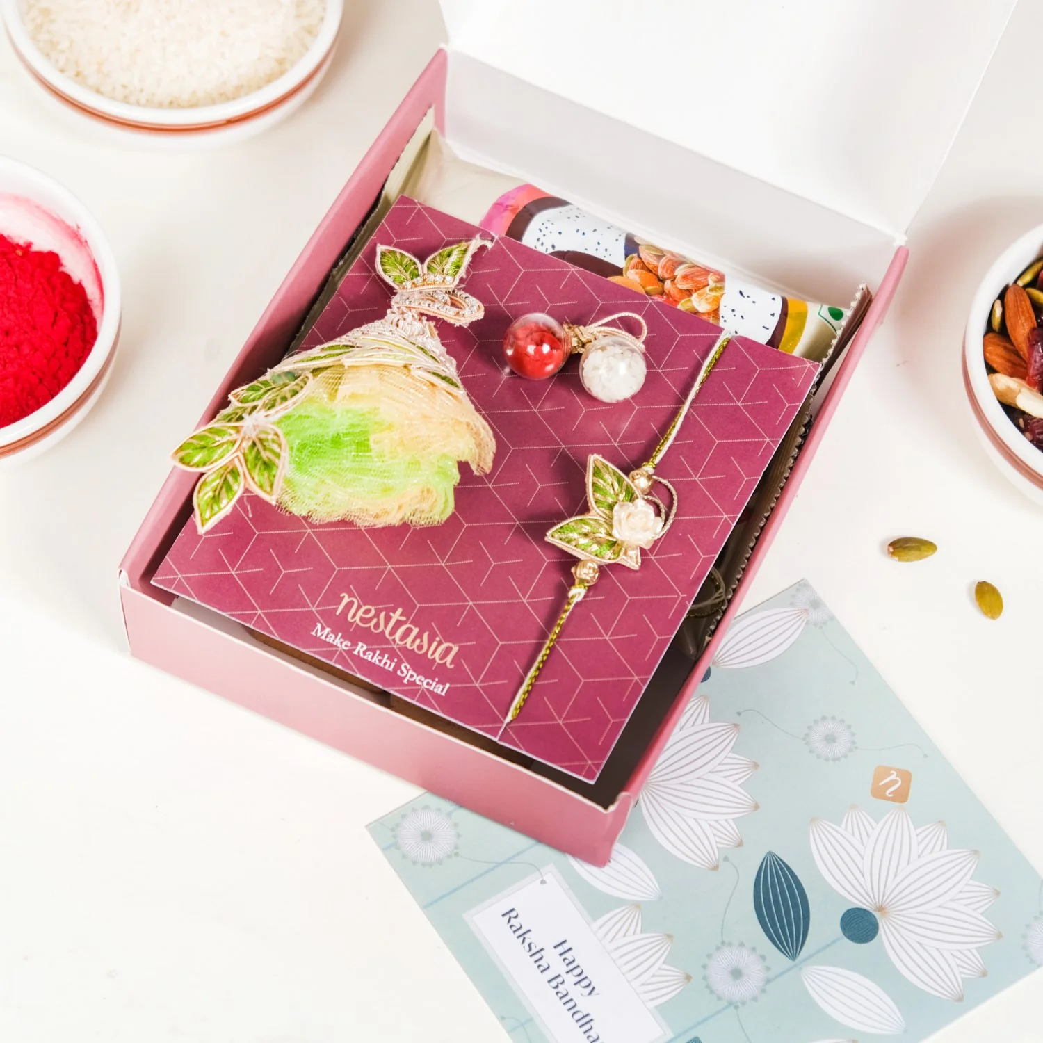 Leafy Artisanal Rakhi Lumba Hamper Set Of 4 With Box And Card - Image 4