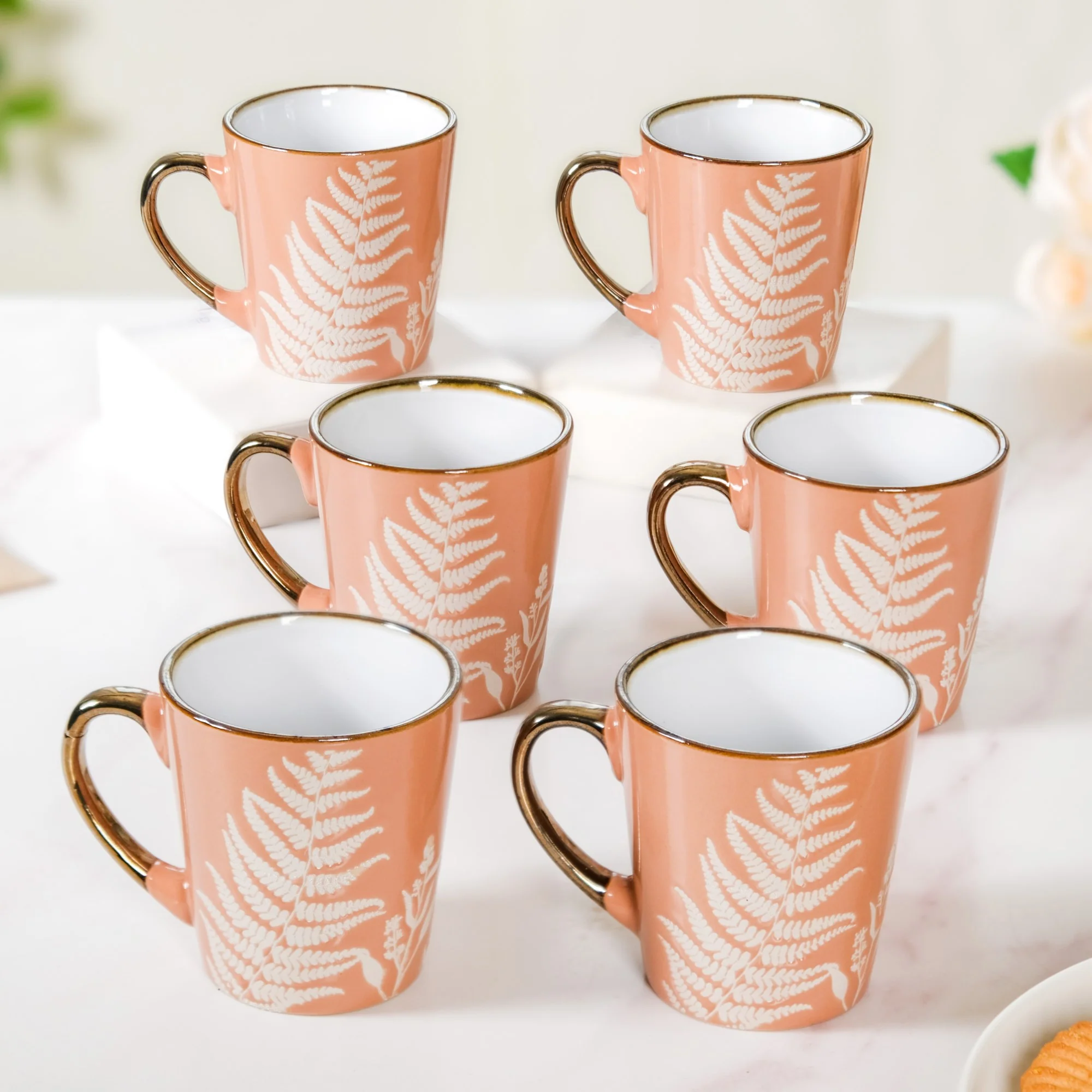Pastel Peach Leaf Latte Mug Set of 6 200ml - Image 2