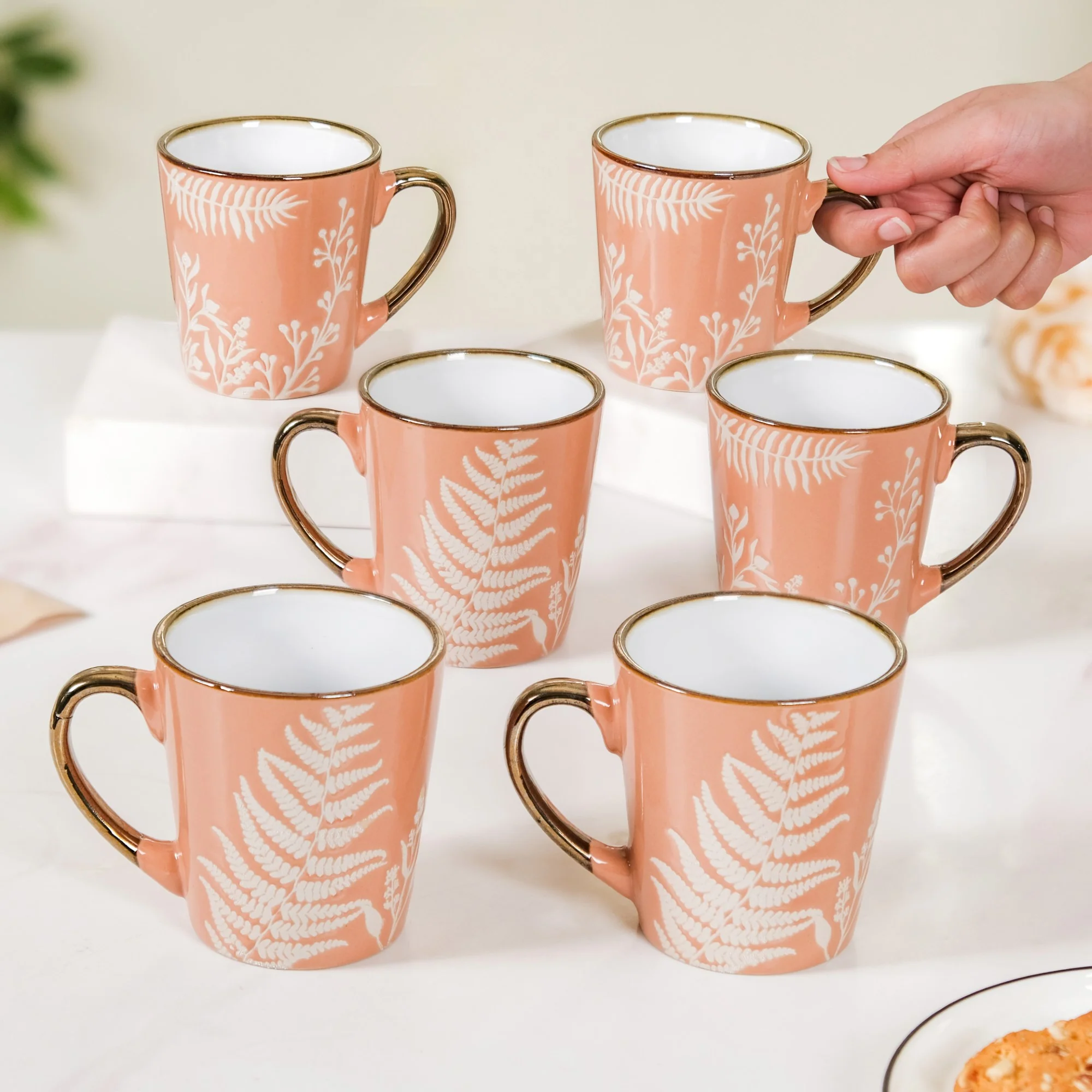 Pastel Peach Leaf Latte Mug Set of 6 200ml - Image 4