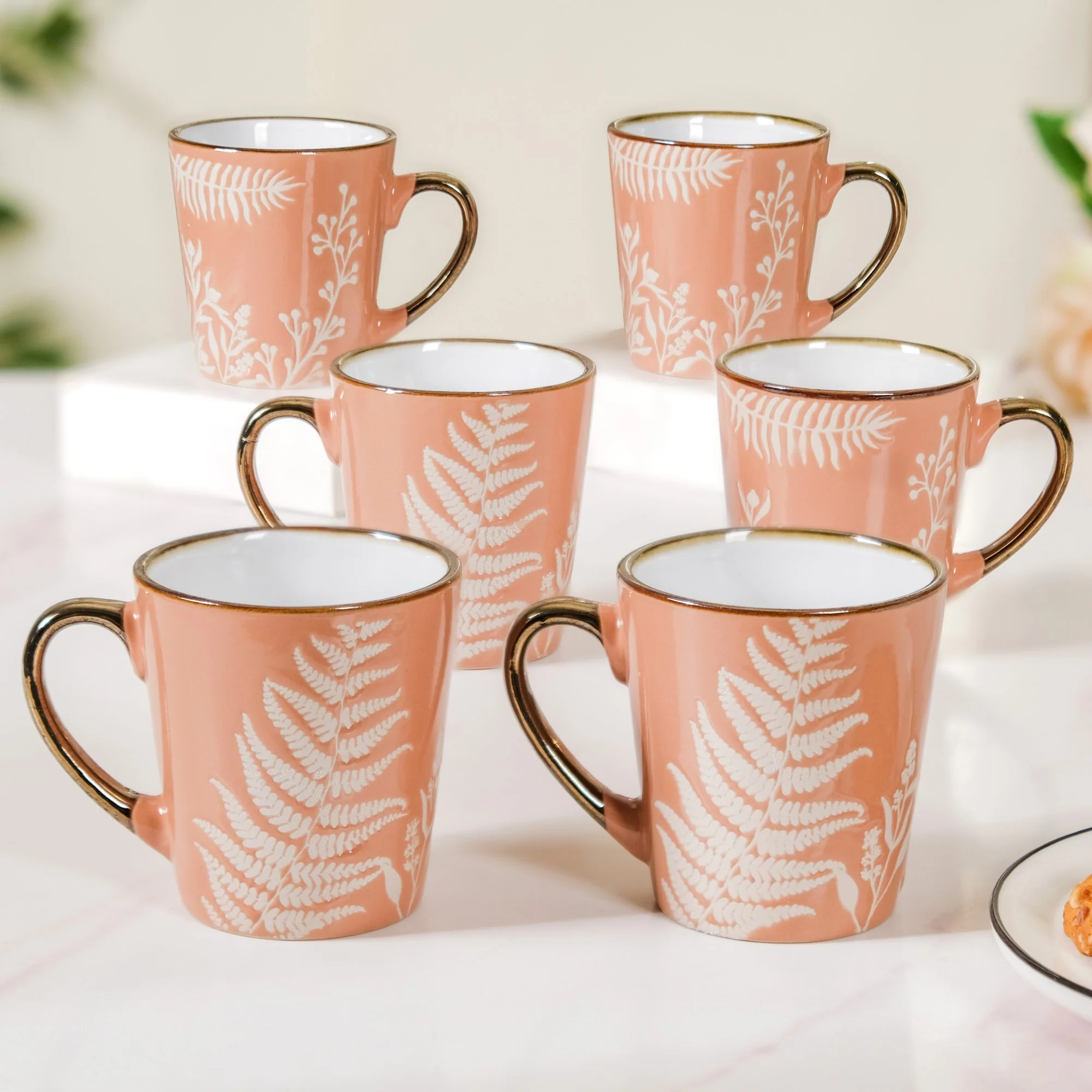 Pastel Peach Leaf Latte Mug Set of 6 200ml - Image 5