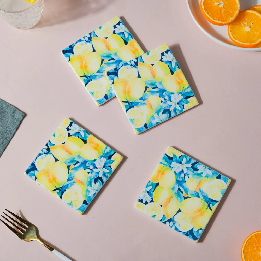 Lemon Matte Ceramic Square Tile Coaster Set Of 4 - Image 4