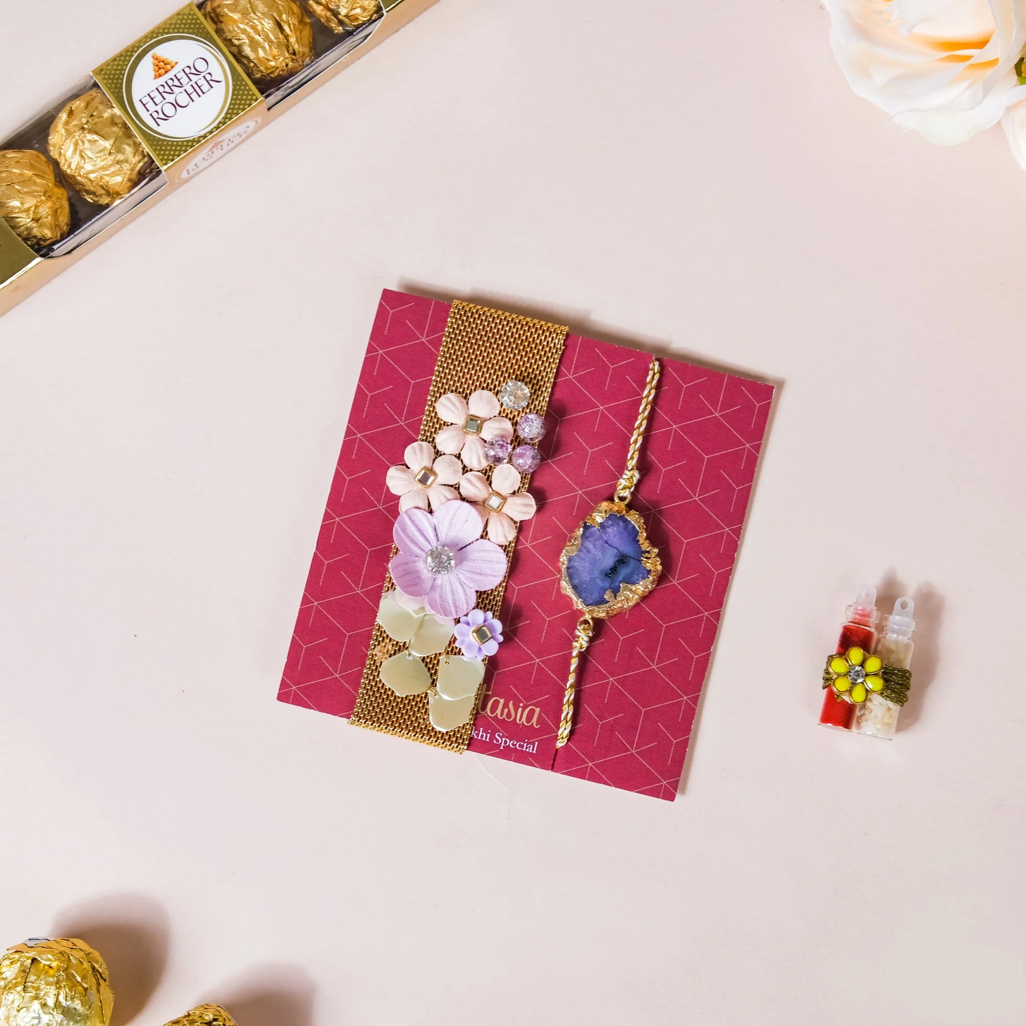 Lilac Flowers And Agate Raksha Bandhan Gift Set Of 3 - Image 5