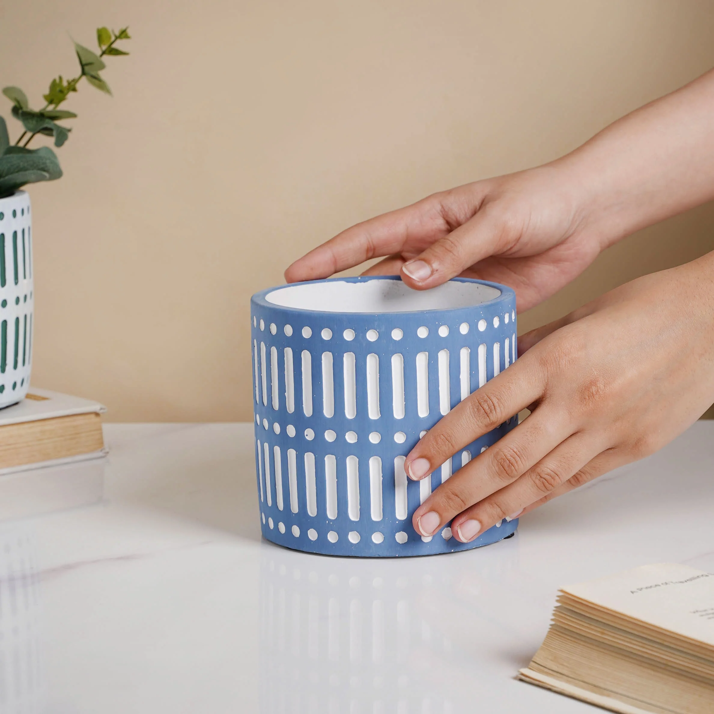 Blue Linear Sculpted Pot - Image 3
