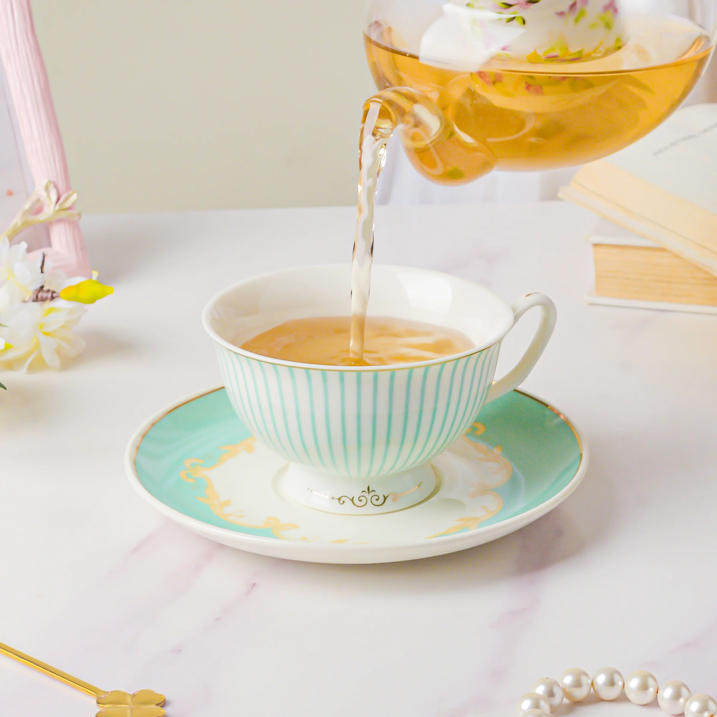 Lined English Teacup And Saucer Set Turquoise 150 ml - Image 3