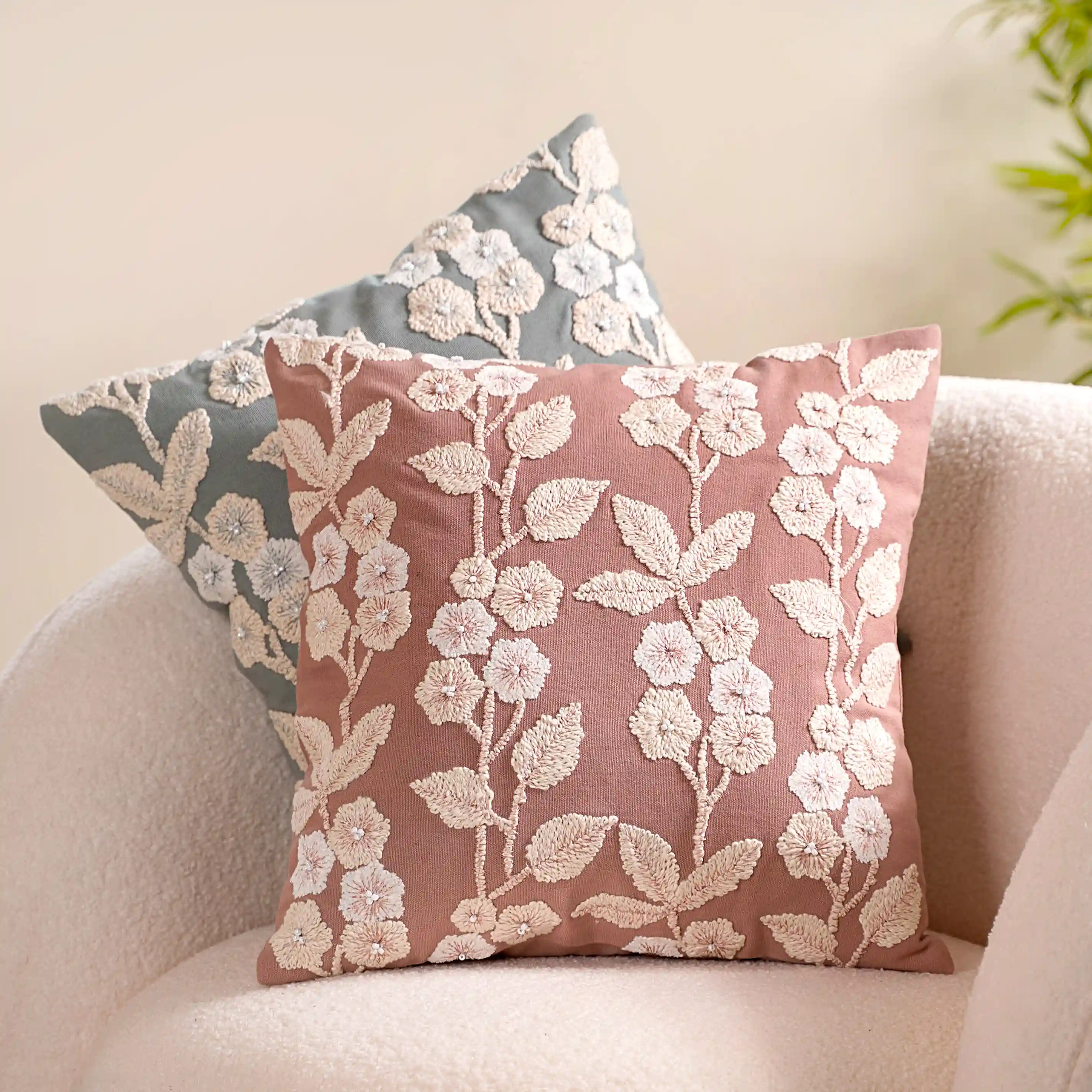 Linen Cushion Cover With Threadwork Pink 16x16 Inch - Image 11