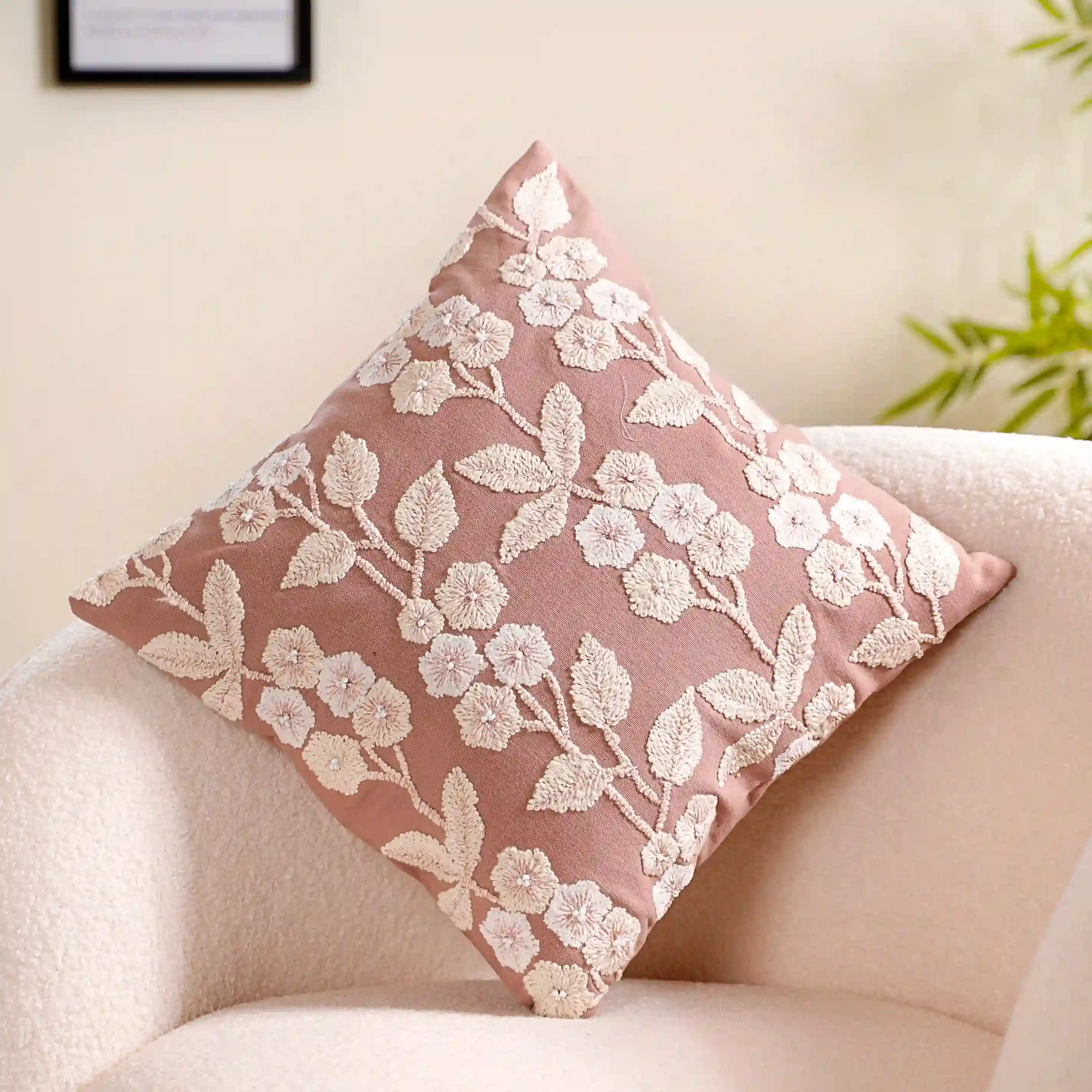 Linen Cushion Cover With Threadwork Pink 16x16 Inch - Image 3